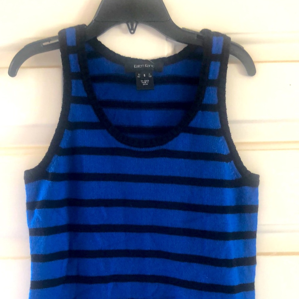 NWT! Blue & Black striped, Sleeveless Sweater by Karen Kane! Size Small.